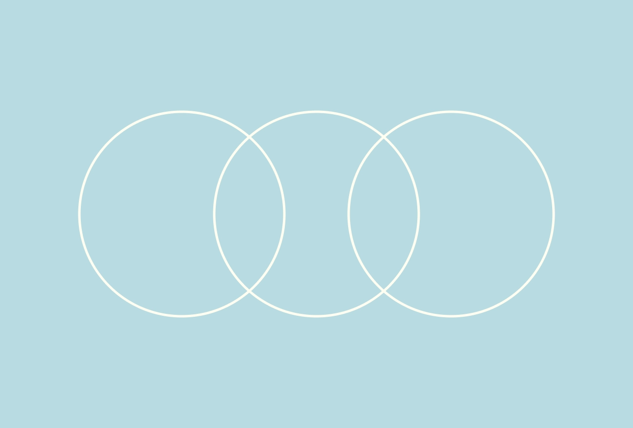 Three white overlapping circles forming Venn diagram on light blue background