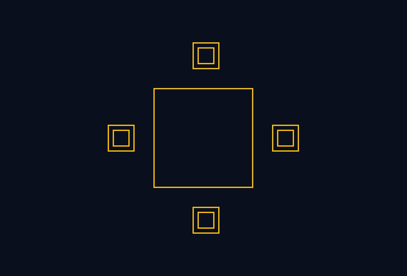 Nested yellow square outlines arranged in cross pattern on dark navy background