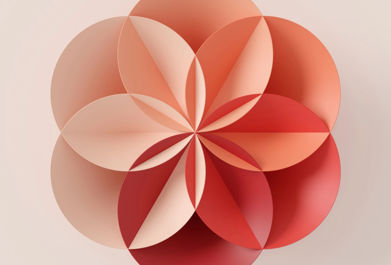 3D abstract geometric flower pattern with overlapping circles and petal shapes in red, pink, and beige tones on light background