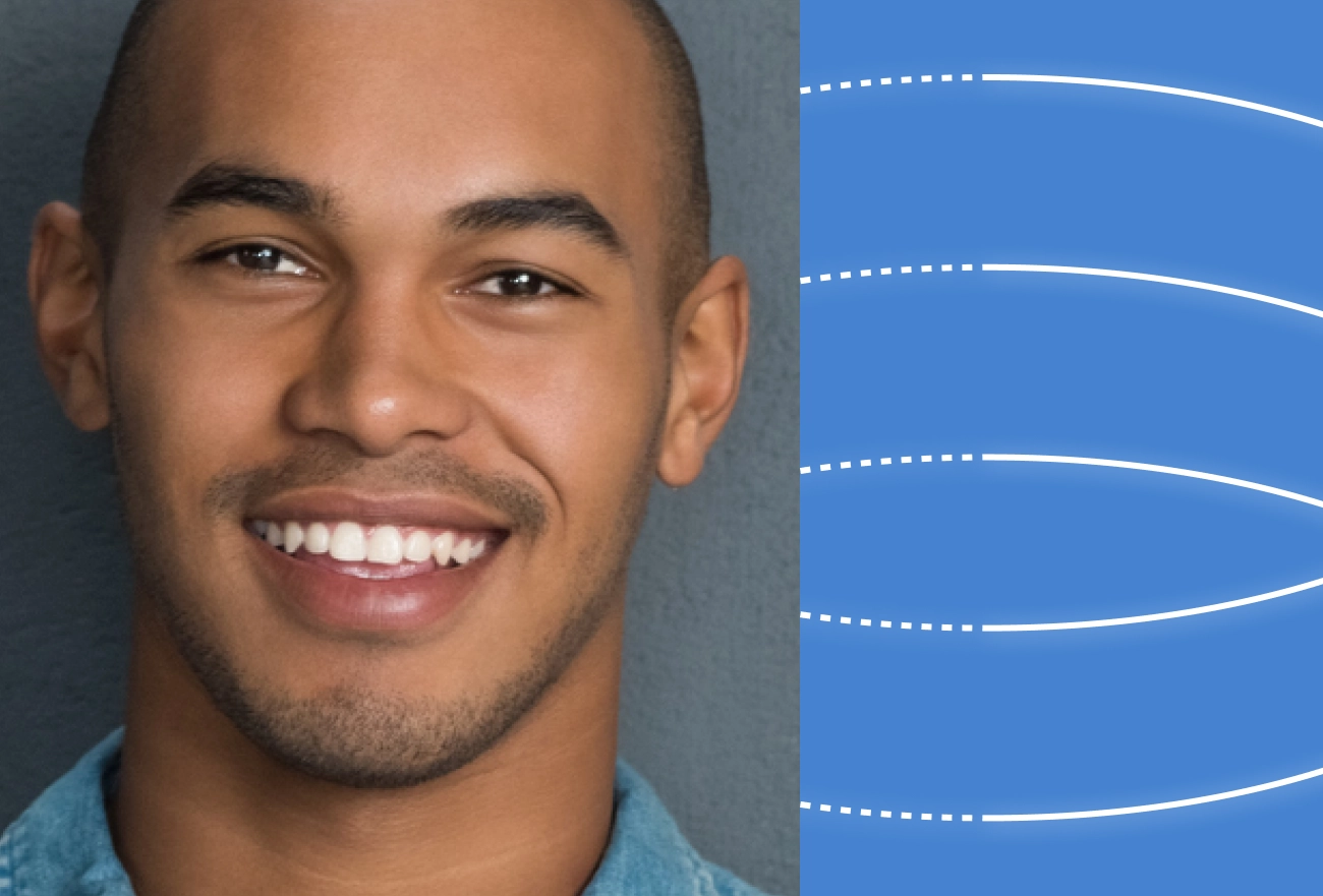 Man smiling on left side next to blue background with white dotted and curved line annotations