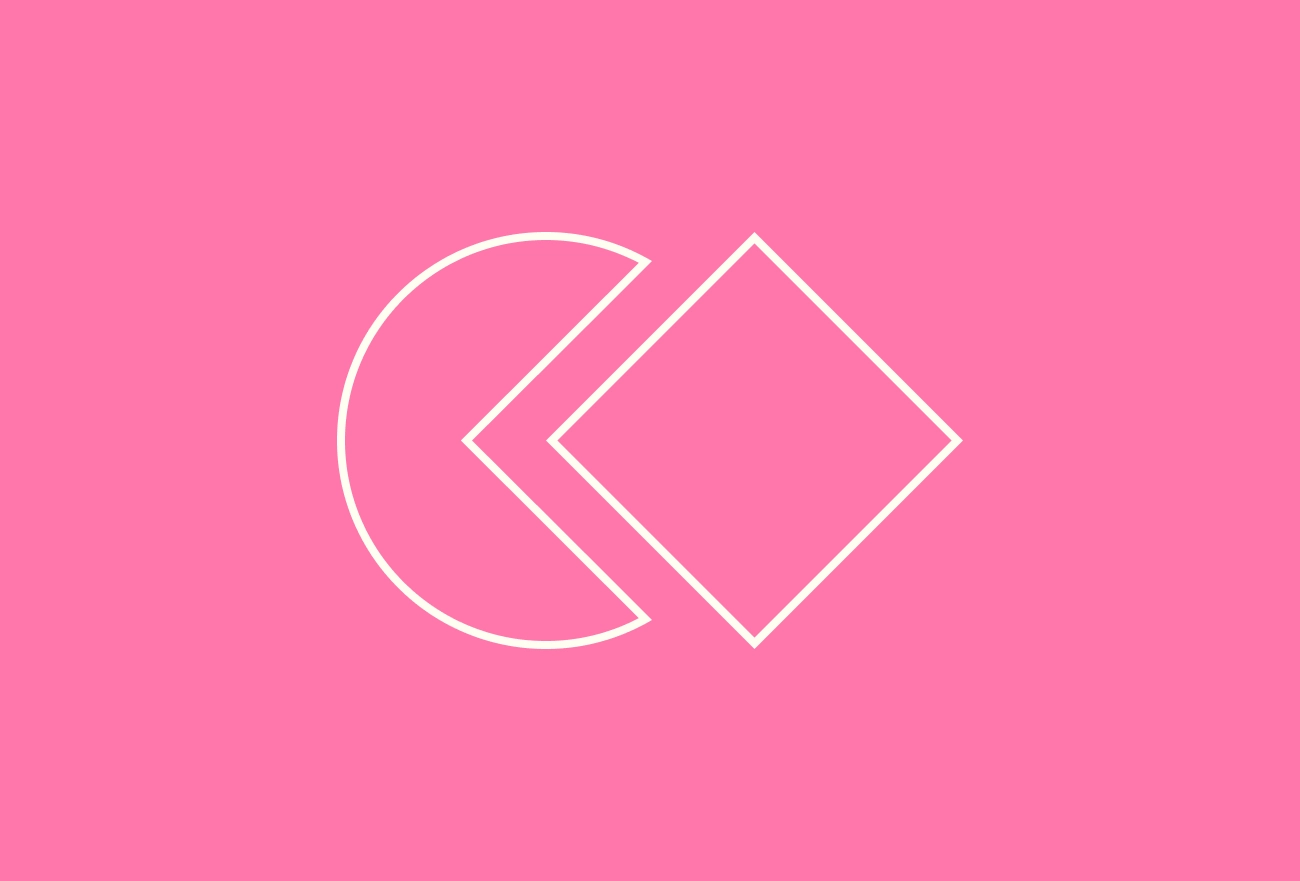 White geometric line icons featuring circle and chevron shapes on pink background