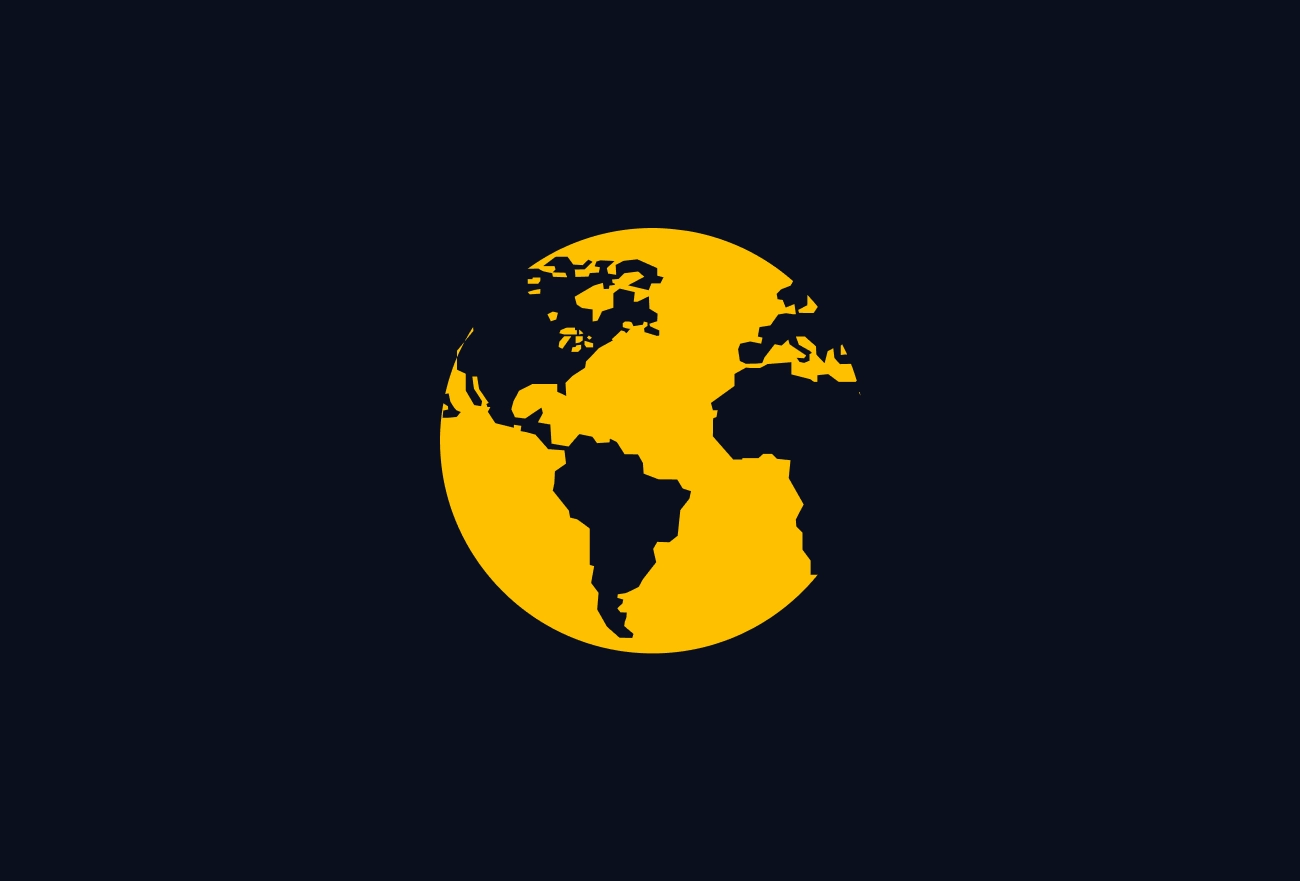 World globe with yellow continents and black landmasses on dark background