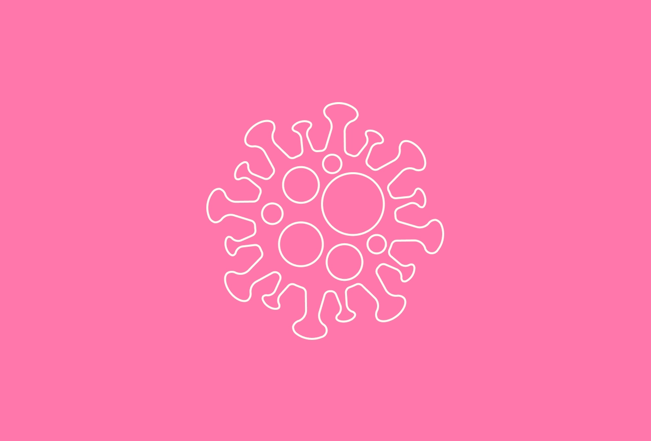 Virus particle line icon with spike proteins on pink background