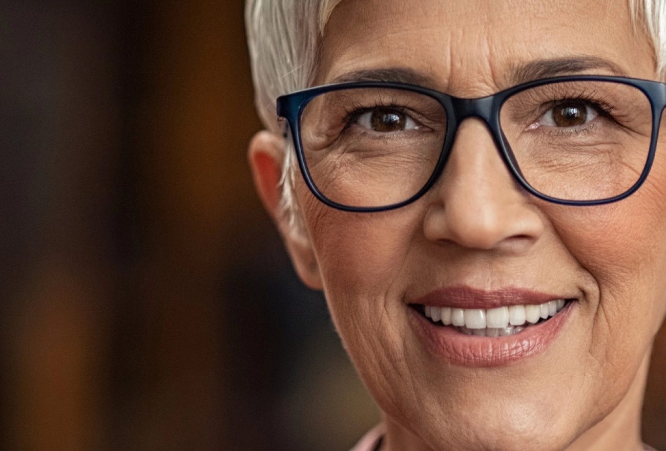 Older woman with white hair and blue-framed glasses smiling at camera against blurred brown background