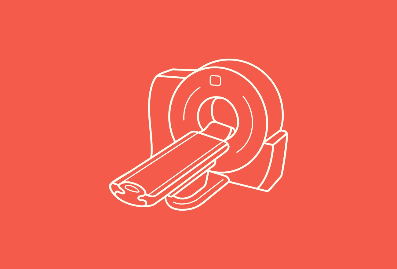 MRI scanner machine with patient table line icon on red background