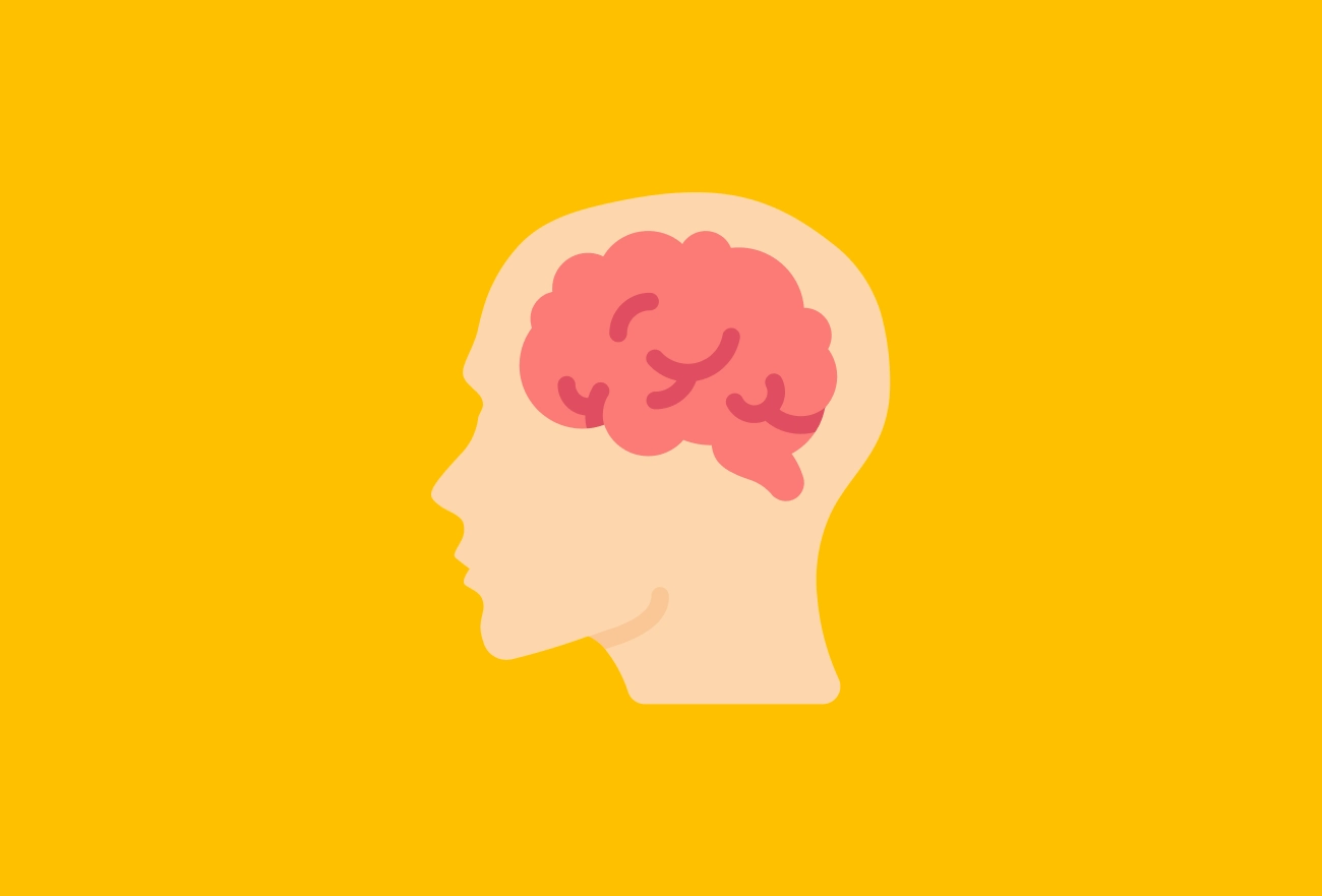 Head profile with pink brain illustration on yellow background