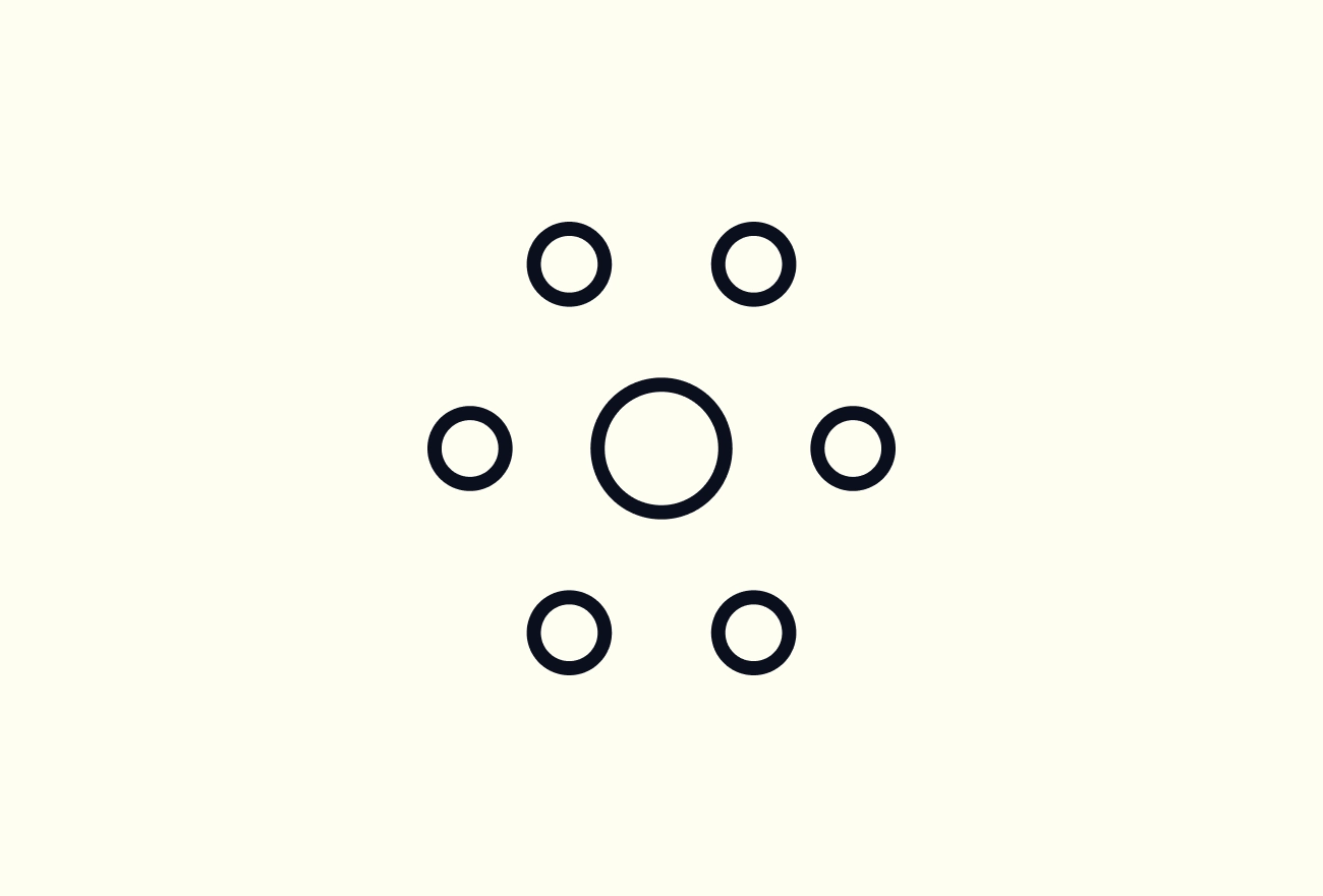 Network icon with central circle surrounded by smaller circles on light background