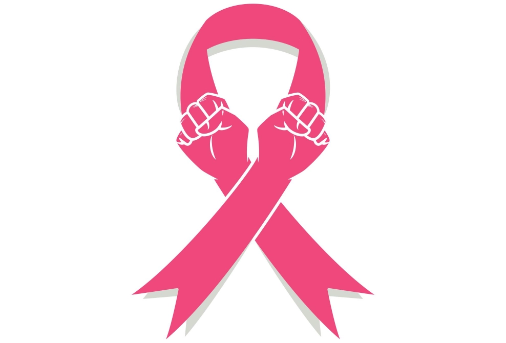 Pink ribbon with raised fists symbol for breast cancer awareness and strength