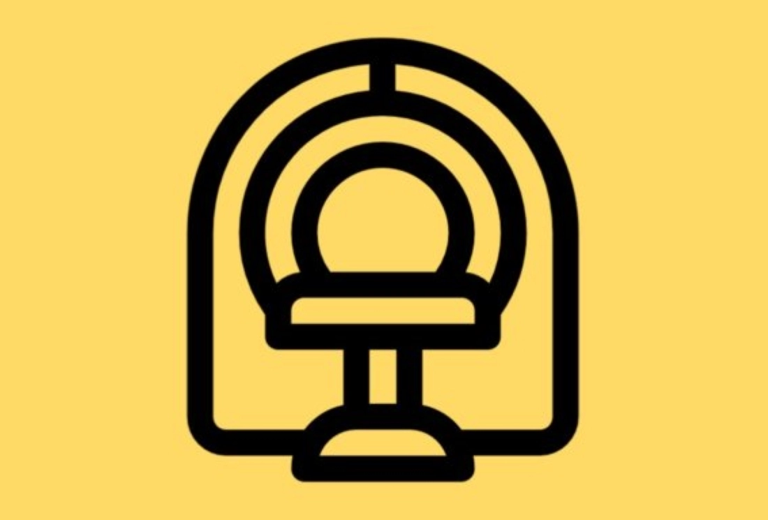 Black line icon of an MRI machine on yellow background