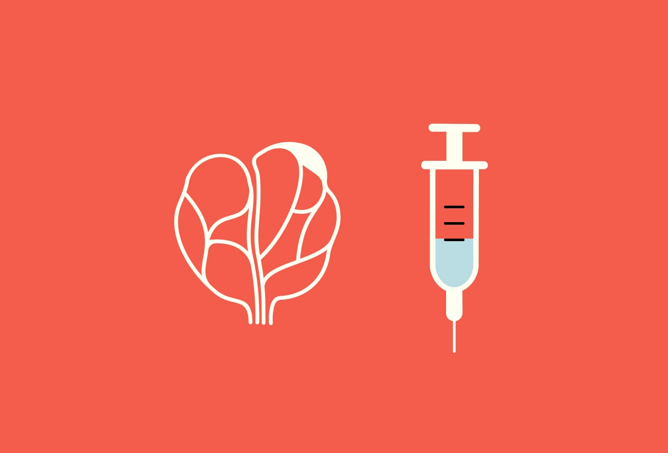 Brain and syringe line icons on coral background illustrating medical treatment concept