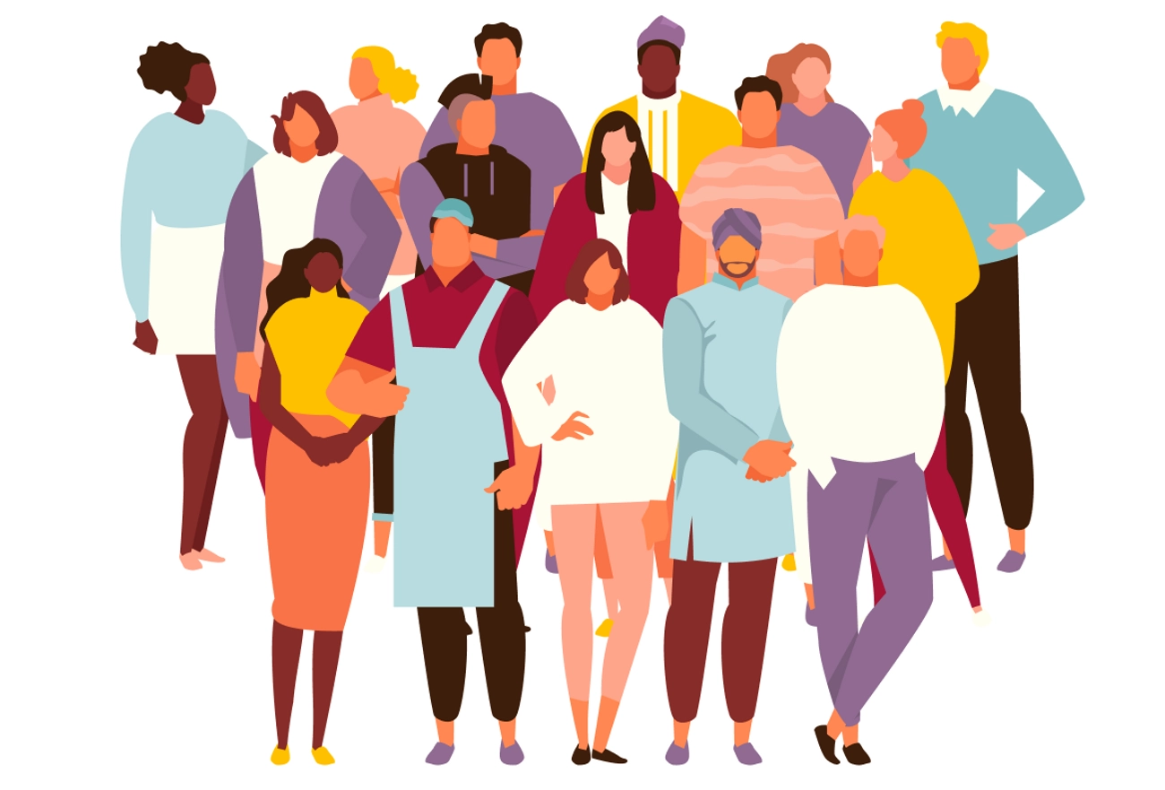 Illustrated diverse community of people of various ages, ethnicities, and body types