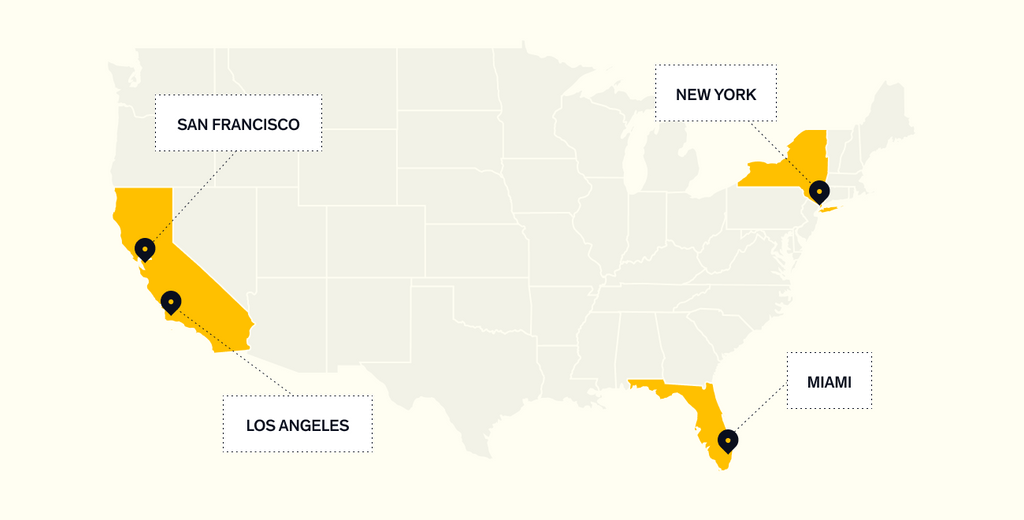 US map showing four service locations: San Francisco, Los Angeles, New York, and Miami