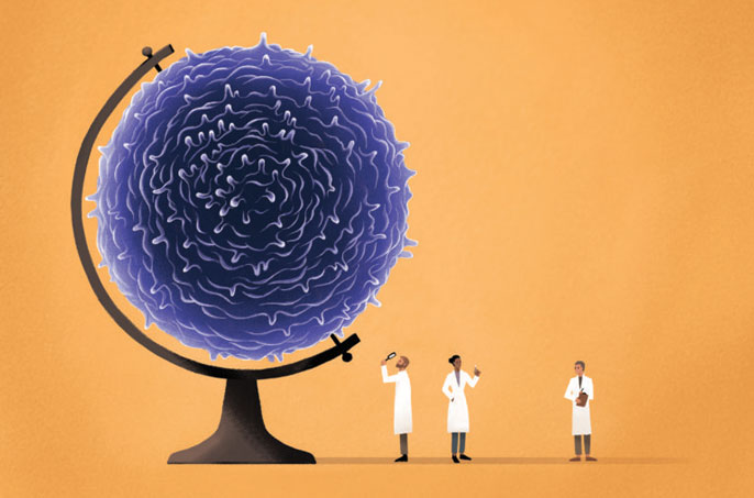 Scientists in lab coats examining brain-textured globe illustration on orange background