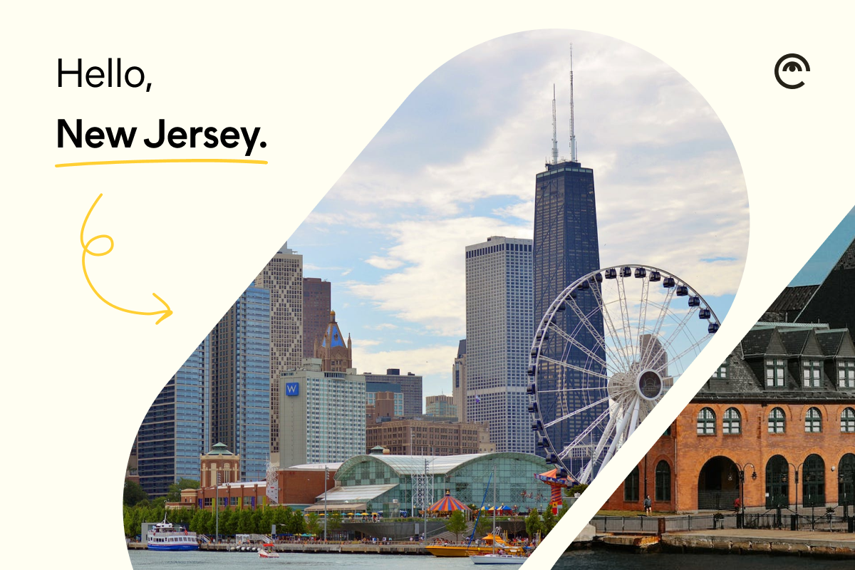 Hello, New Jersey promotional graphic featuring Chicago skyline with Ferris wheel and historic brick building