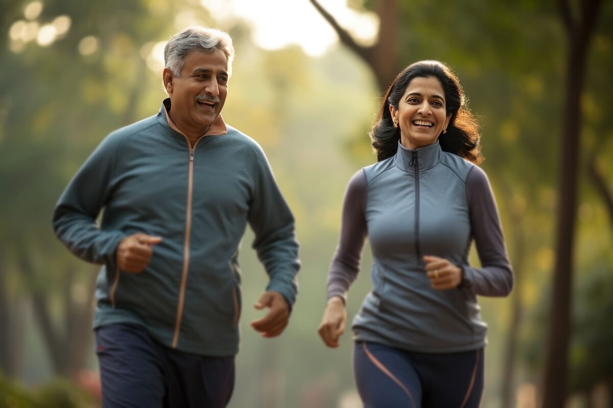 Smiling couple jogging together in a park during golden hour, wearing matching athletic jackets