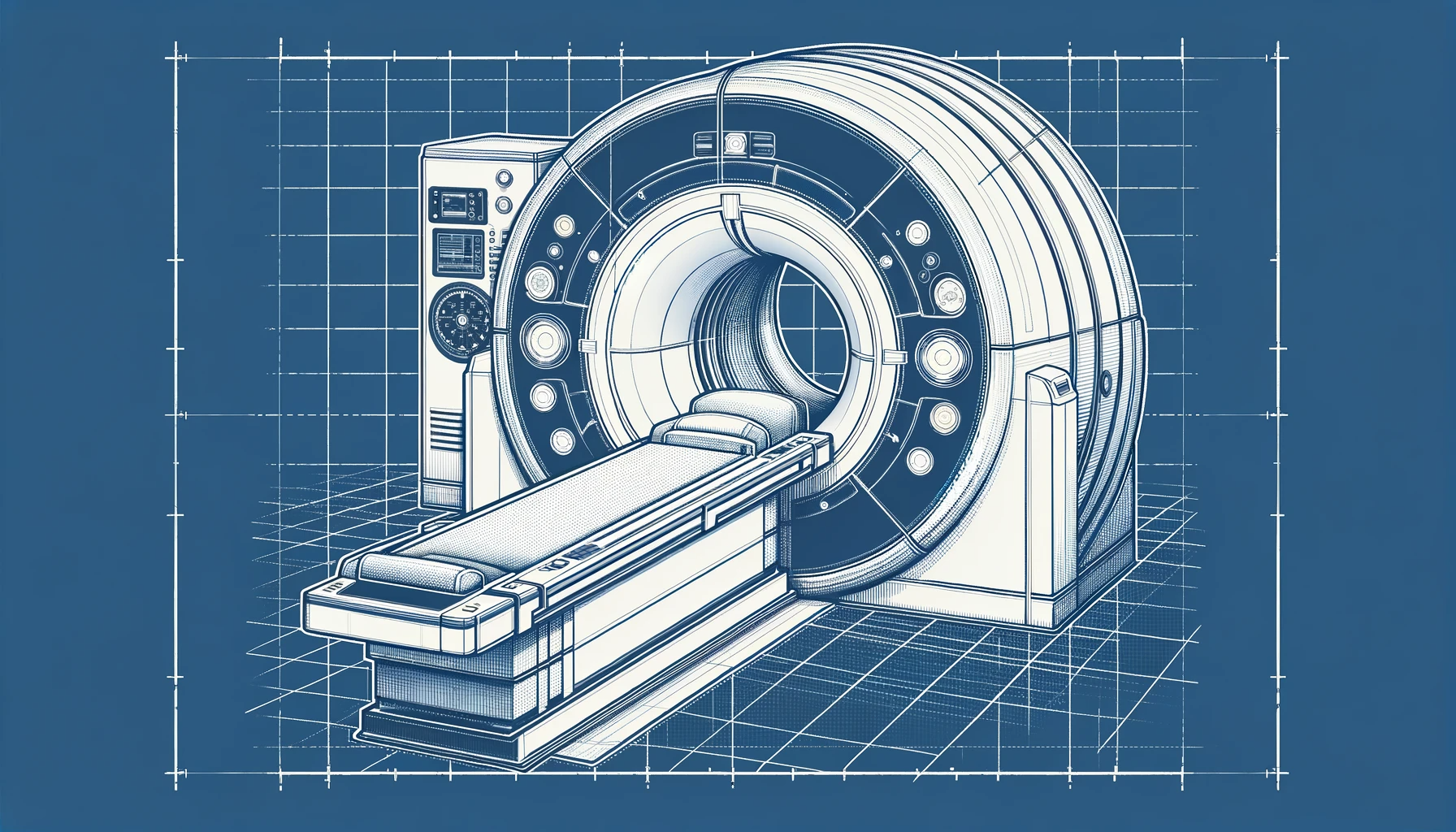 Blueprint-style technical drawing of MRI scanner showing patient table and circular bore on blue background.