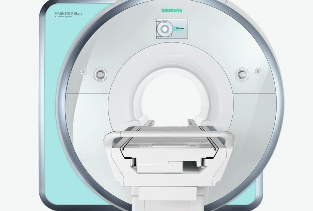 Siemens MAGNETOM Skyra MRI scanner with patient table and circular opening