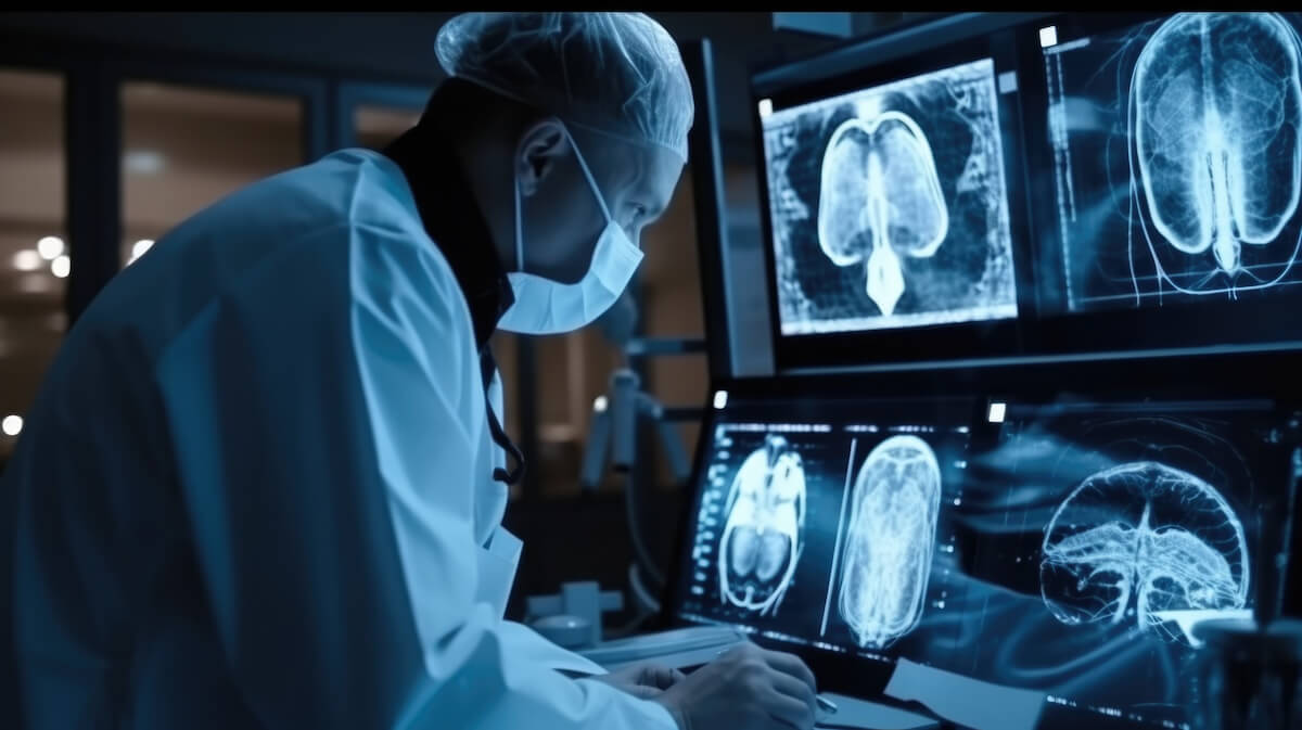 Medical professional in surgical mask examining lung and brain scans on multiple monitors in dimly lit hospital room