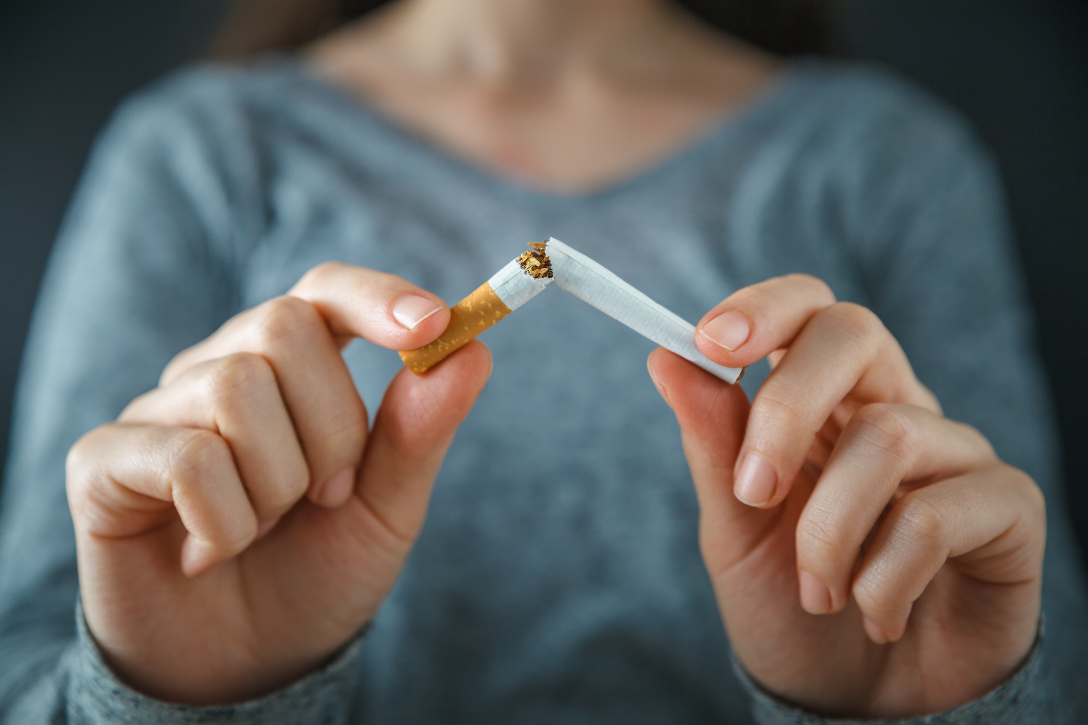 Hands breaking a cigarette in half, person wearing gray-blue shirt, quitting smoking concept.