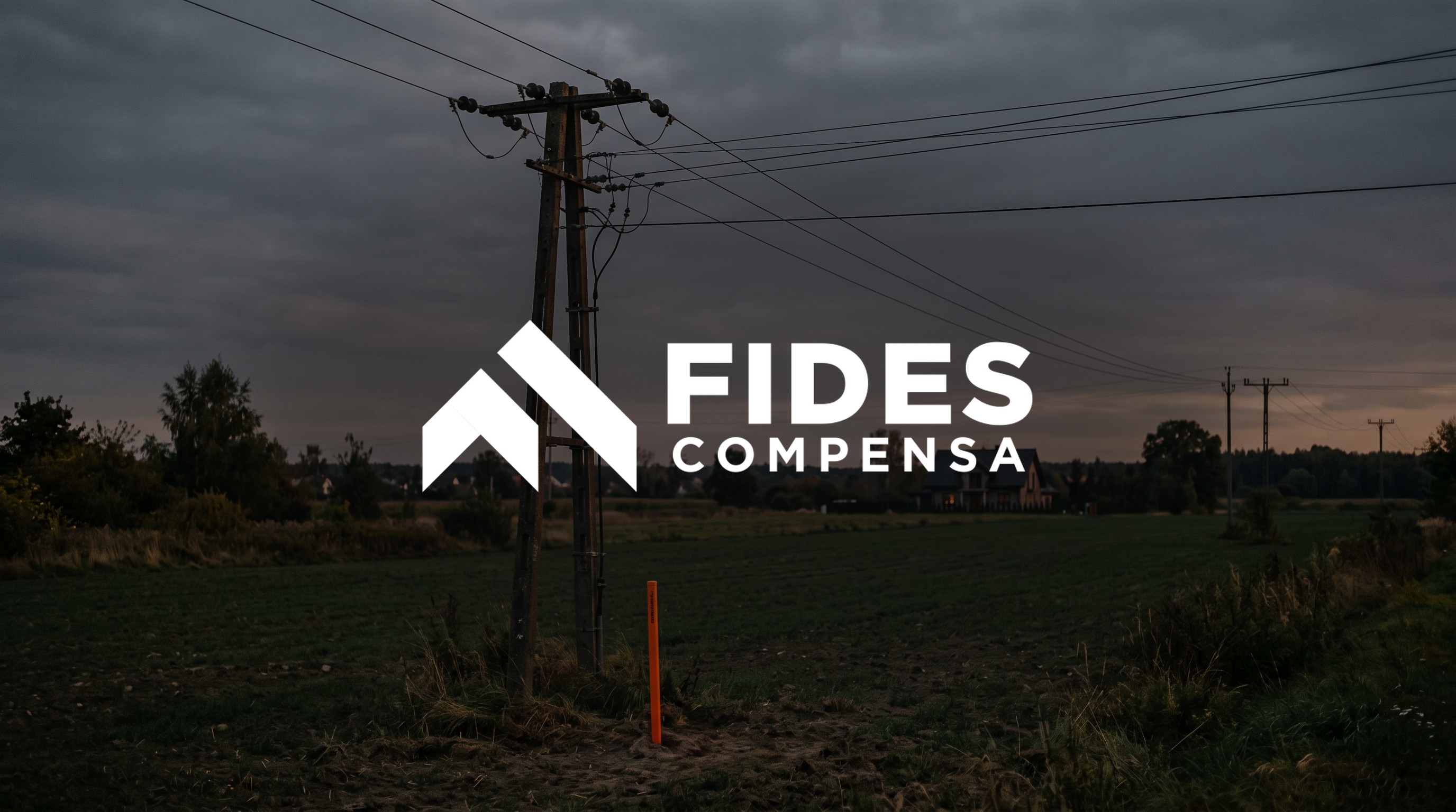 Słup energetyczny na polu o zmierzchu z logo Fides Compensa - 2000 leadów na służebność przesyłu