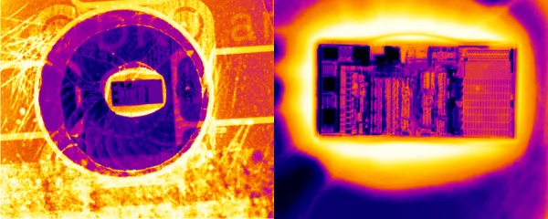 Thermografische Aufnahme zweier elektronischer Bauteile, links ein kreisförmiges Bauteil, rechts ein rechteckiges Bauteil mit hellen Wärmebereichen.