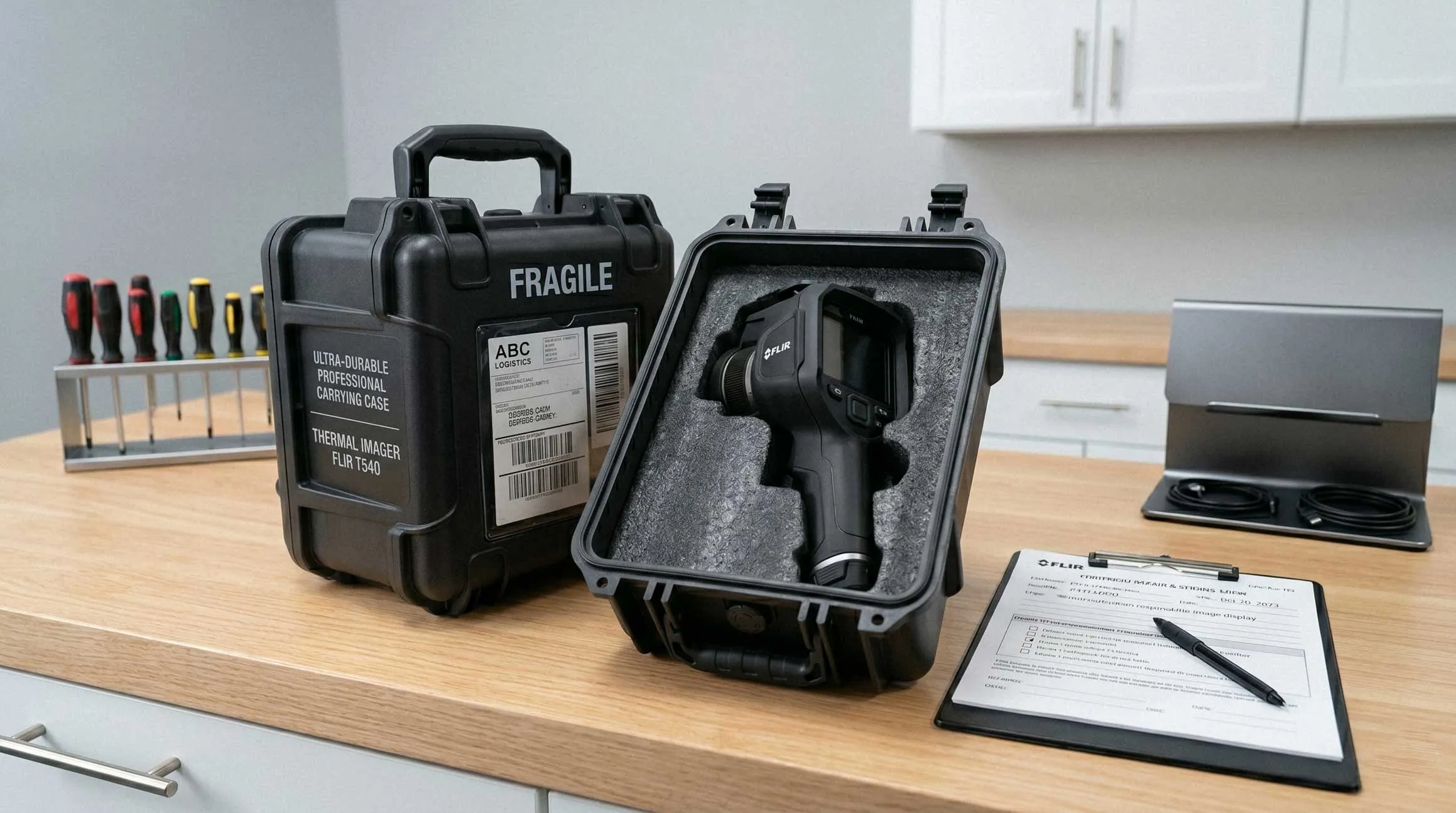 Tragbare thermische FLIR T540 Kamera in einem gepolsterten schwarzen Schutzkoffer auf einem Holztisch mit Schraubendrehern und einem Klemmbrett daneben.