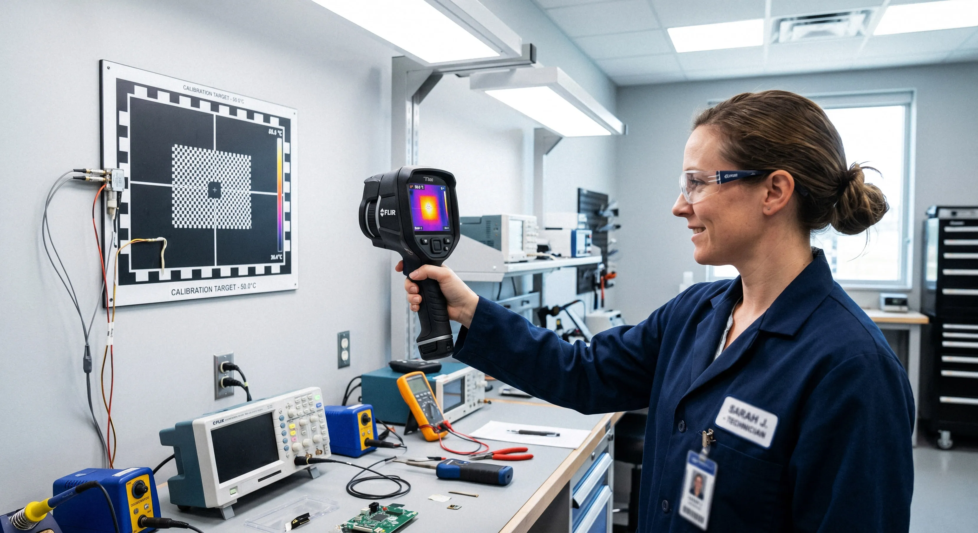 Technikerin in blauem Kittel verwendet eine FLIR-Wärmebildkamera im Labor zur Kalibrierung, umgeben von elektronischen Messgeräten.