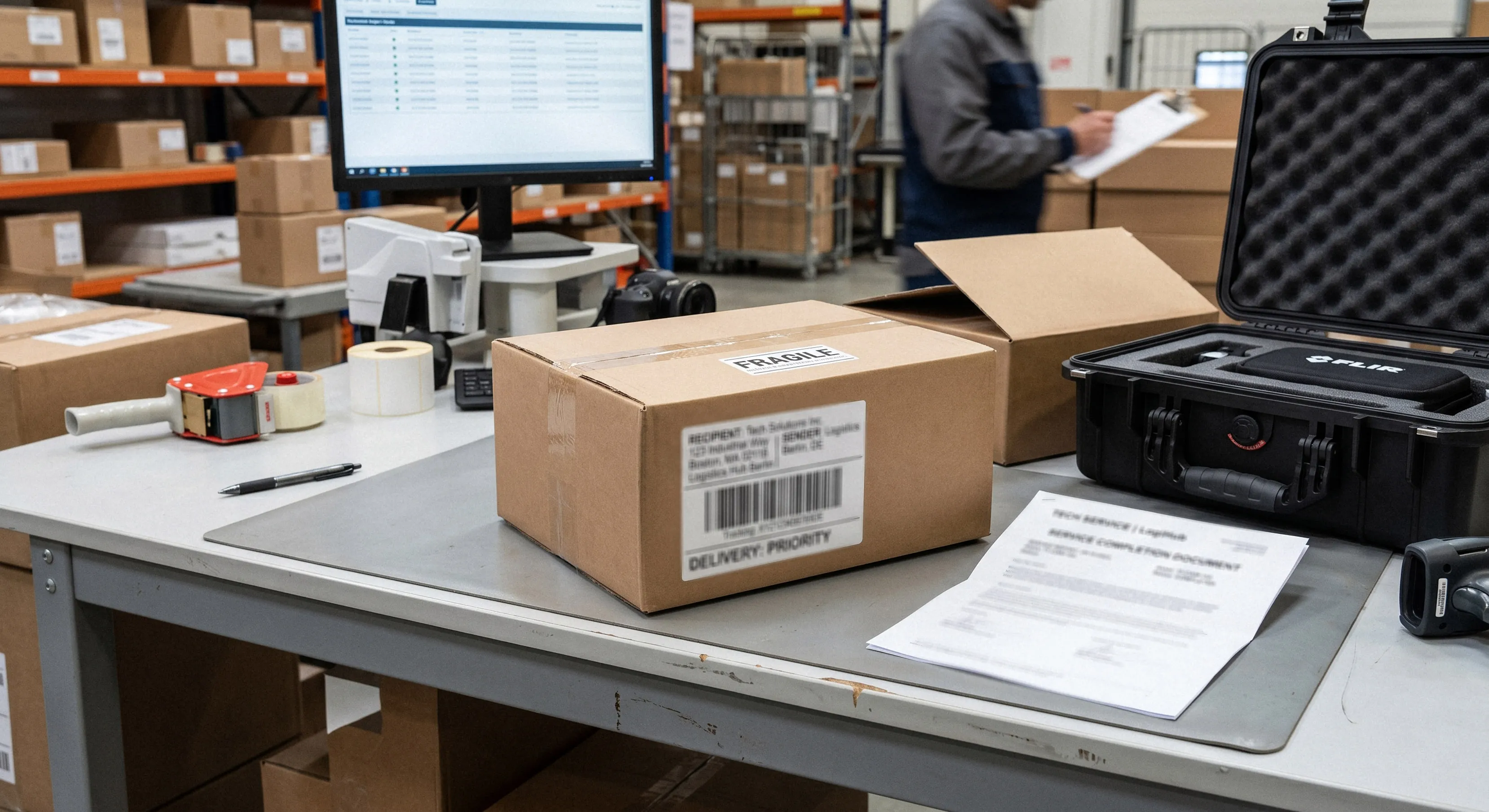Versandverpackung auf einem Tisch im Lager mit Computerbildschirm, Klebebandspender und offener Transportbox.