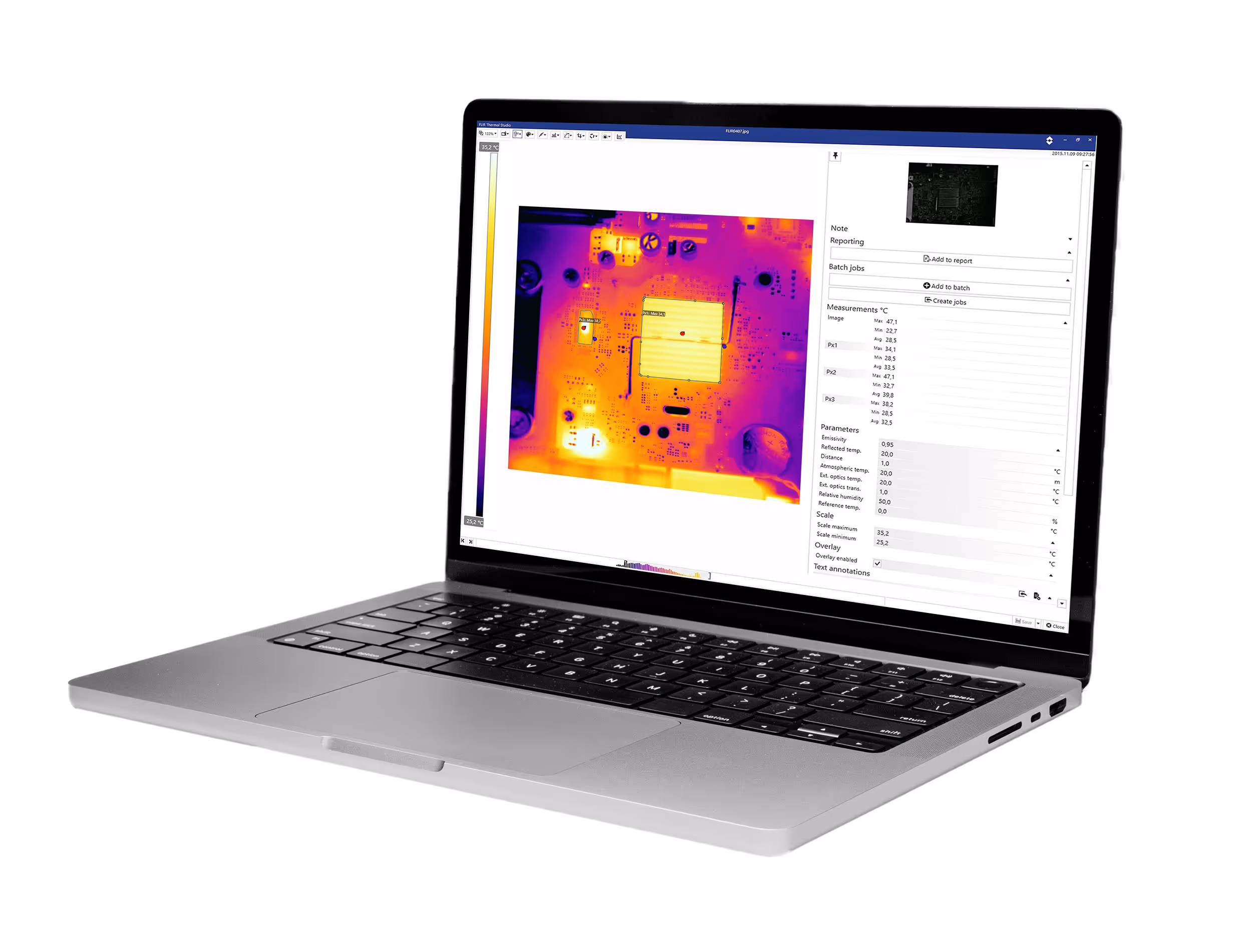 Laptop mit geöffneter Software zeigt ein Wärmebild einer Leiterplatte mit Temperaturmessungen.