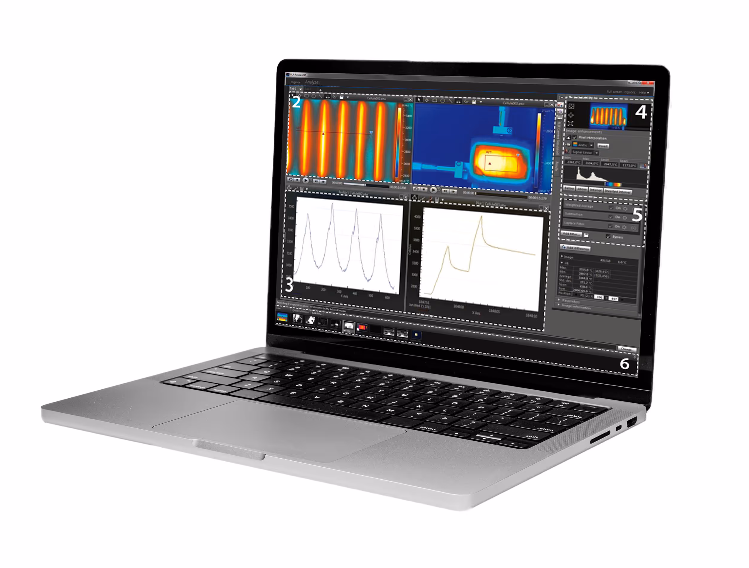 Laptop zeigt Software mit thermischen Infrarotbildern und zugehörigen Diagrammen.