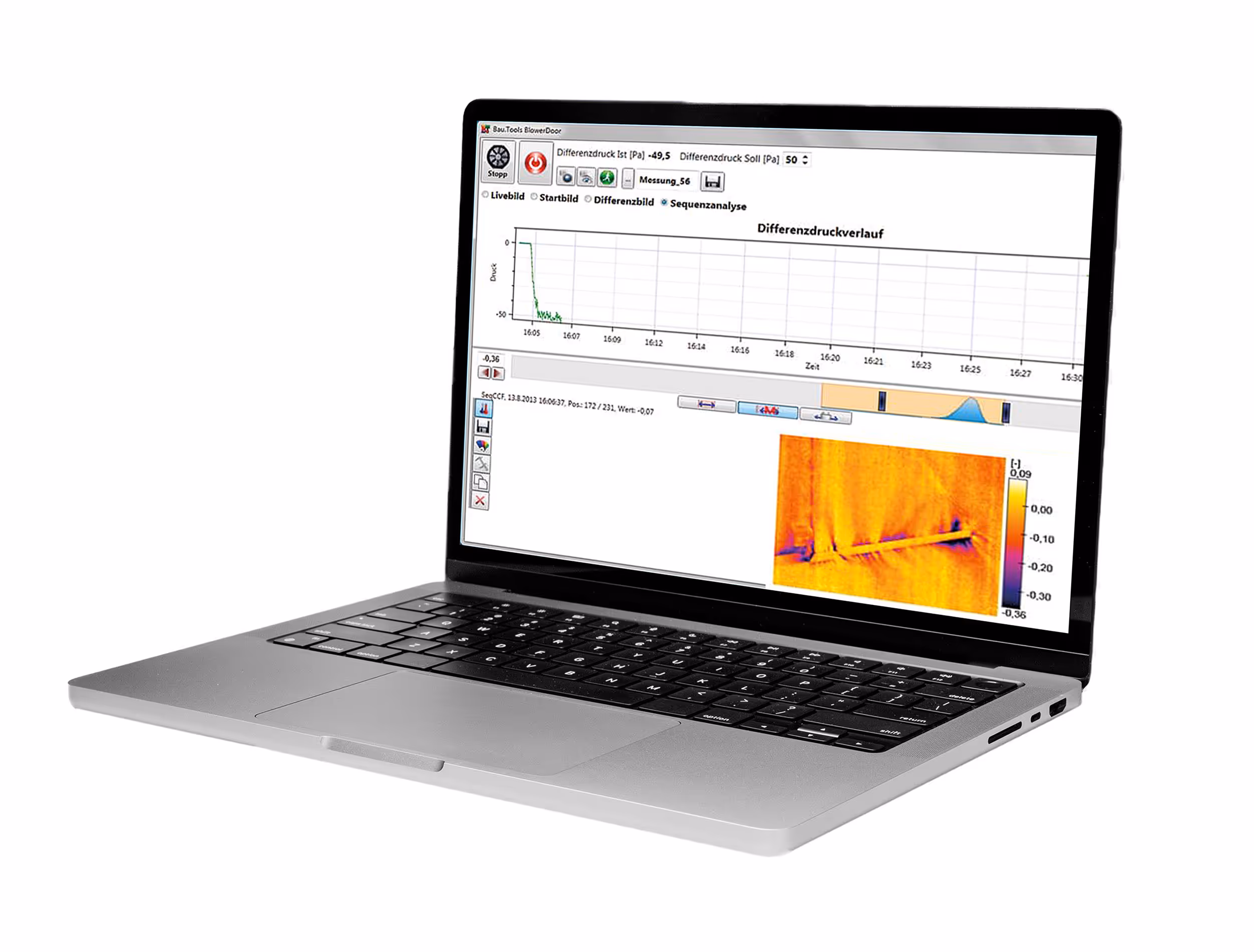 Laptop zeigt Software mit Differenzdruckgrafik und Wärmebildanalyse auf Bildschirm.