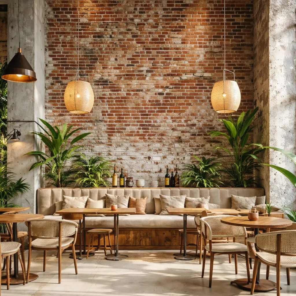 Cozy cafe interior with exposed brick wall, beige cushioned bench, wooden tables and chairs, hanging pendant lights, and green plants.