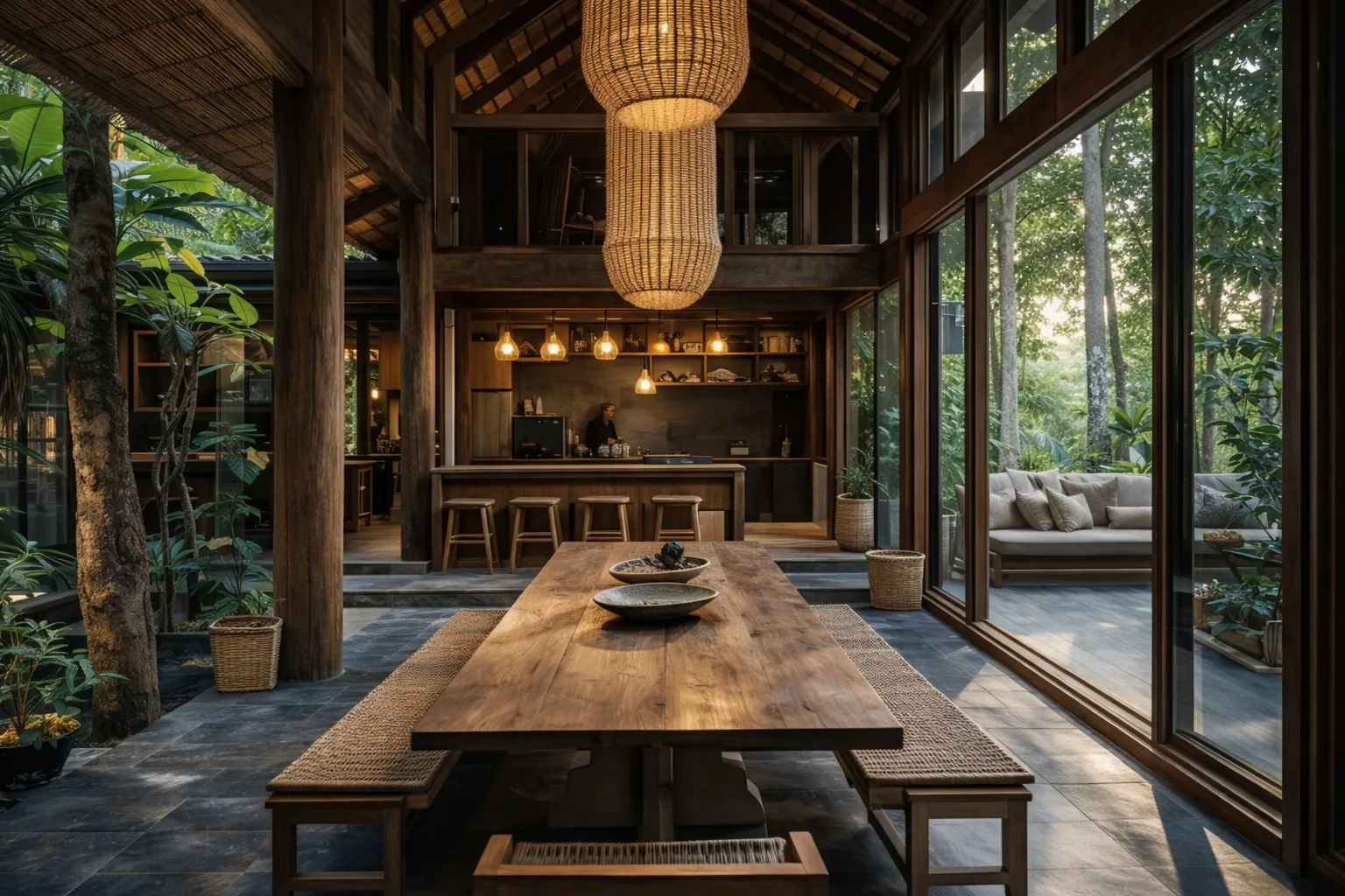 Tropical modern dining pavilion with large wooden table, woven benches, pendant lighting, and glass walls overlooking lush greenery.