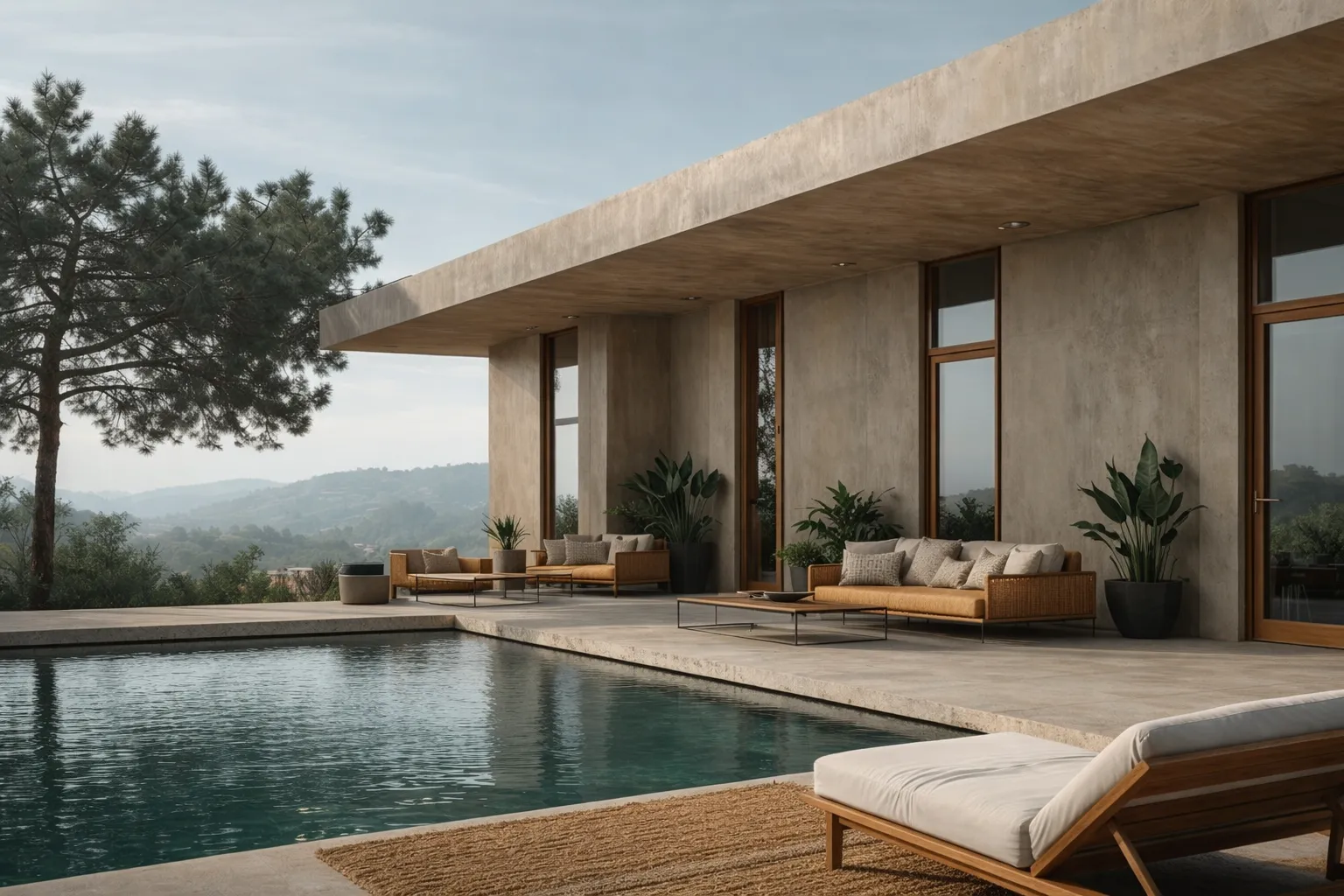 Modern outdoor patio with beige cushioned lounge chairs, a rectangular pool, potted plants, and large windows overlooking a wooded landscape.