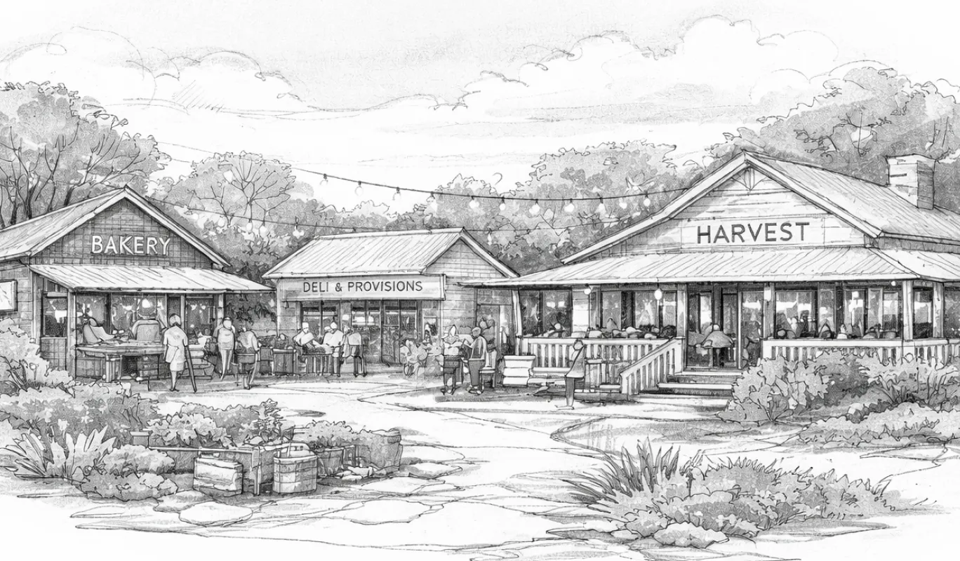 Black and white sketch of a rustic market scene with three buildings labeled Bakery, Deli & Provisions, and Harvest surrounded by trees and people.