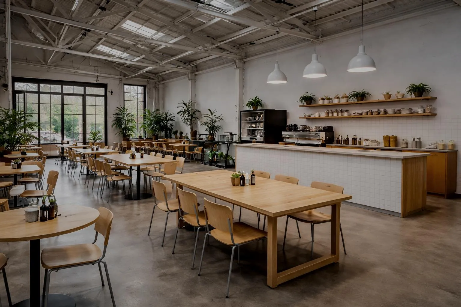 Spacious industrial-style cafe with wooden tables and chairs, large windows, and a counter with coffee equipment and shelves of plants and jars.