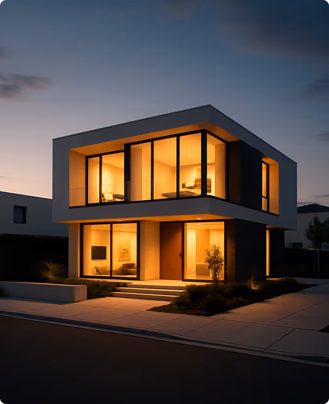 Modern two-story house with large glass windows illuminated warmly at dusk.