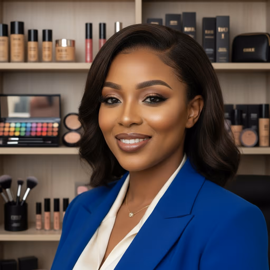 Smiling woman with wavy dark hair wearing a blue blazer and white blouse, with makeup products displayed on shelves behind her.