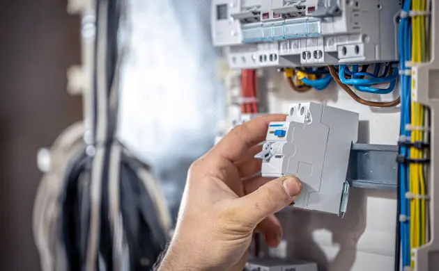 Hand installiert einen Schutzschalter in einem elektrischen Sicherungskasten mit mehreren Kabeln und Stromkreisen.