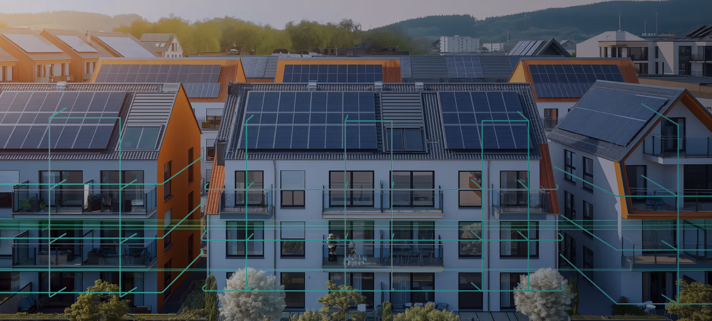 Mehrfamilienhäuser mit Solarpaneelen auf den Dächern und grünen Leitungen zur Darstellung eines nachhaltigen Energieversorgungssystems.