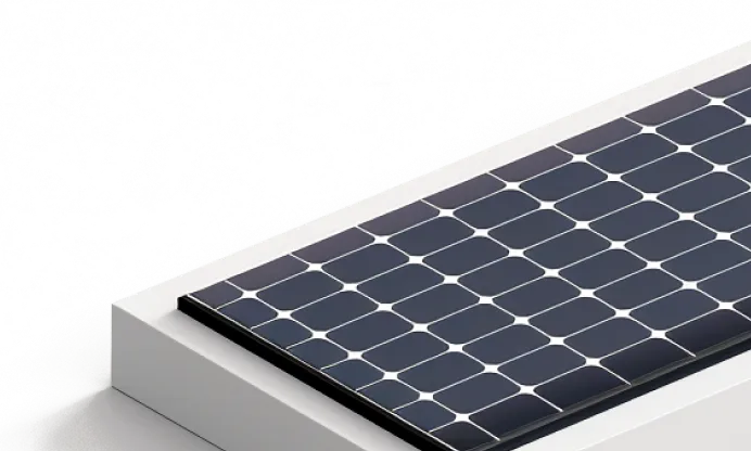 Nahaufnahme eines Solarmoduls mit mehreren schwarzen Solarzellen auf einem weißen Untergrund.