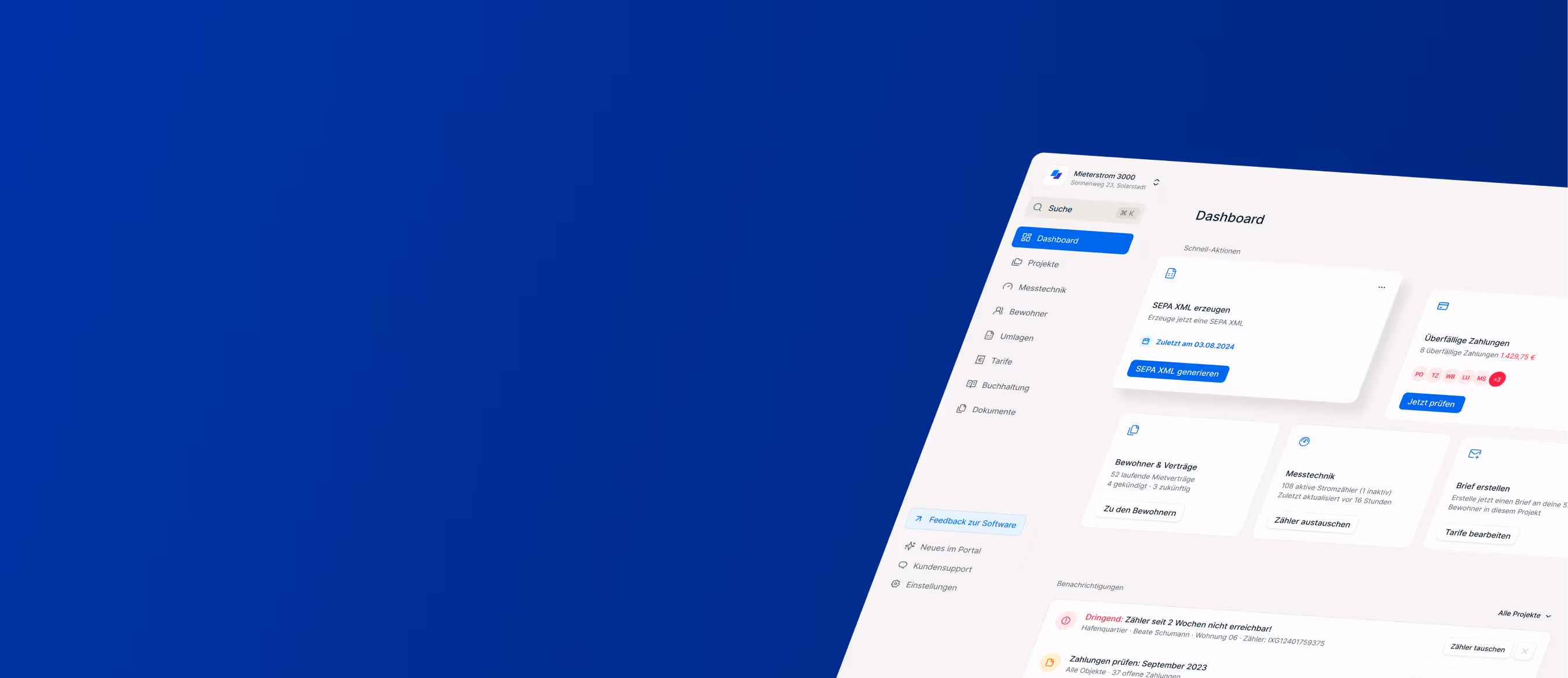 Benutzeroberfläche eines Software-Dashboards mit Menüpunkten für Projekte, Messtechnik und Buchhaltung auf blauem Hintergrund.