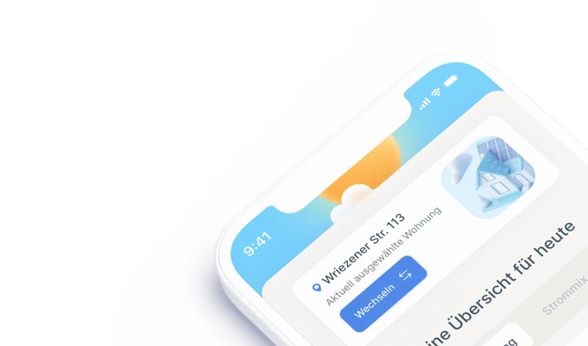 Smartphone-Bildschirm zeigt eine Wohnungsübersicht mit Adresse Wriezener Str. 113 und einer Schaltfläche zum Wechseln der Wohnung.