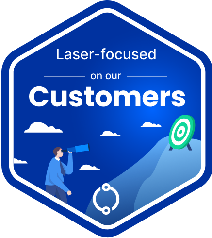 Illustration of a person with a telescope aiming at a target on a hill, text reads 'Laser-focused on our Customers' in a blue hexagonal frame.
