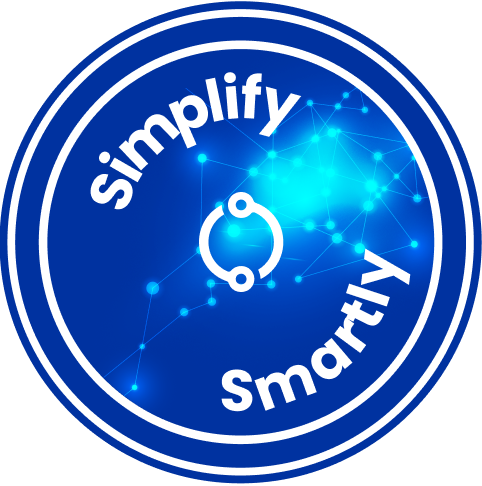 Blaues rundes Logo mit weißem Text 'Simplify Smartly' und einem Netzwerk aus verbundenen leuchtenden Knotenpunkten in der Mitte.