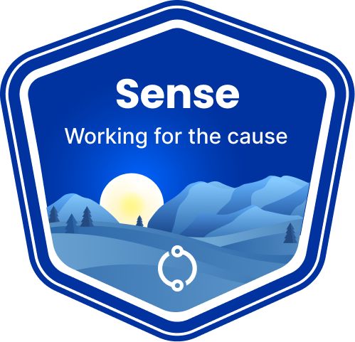 Blaues Abzeichen mit Berglandschaft, Sonnenaufgang, dem Wort 'Sense' und dem Text 'Working for the cause'.