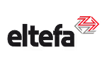 Logo von eltefa mit rotem und grauem stilisiertem Pfeil-Design.