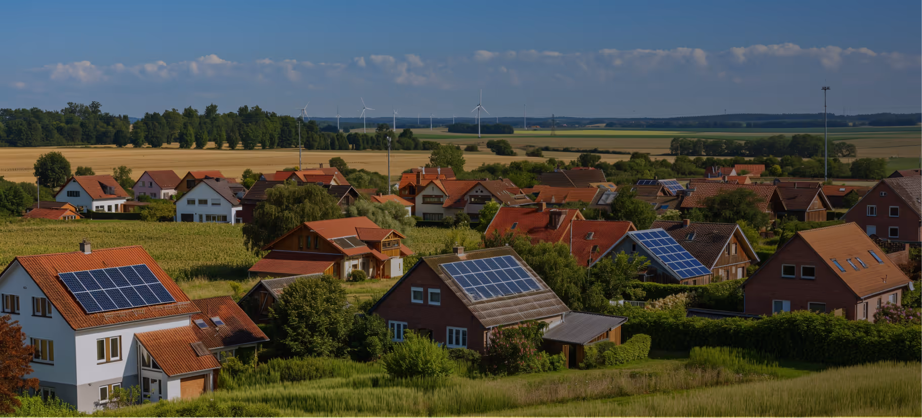 Dorf mit Häusern, die mit Solarpaneelen auf Dächern ausgestattet sind, umgeben von grünen Feldern und Windrädern im Hintergrund unter blauem Himmel.