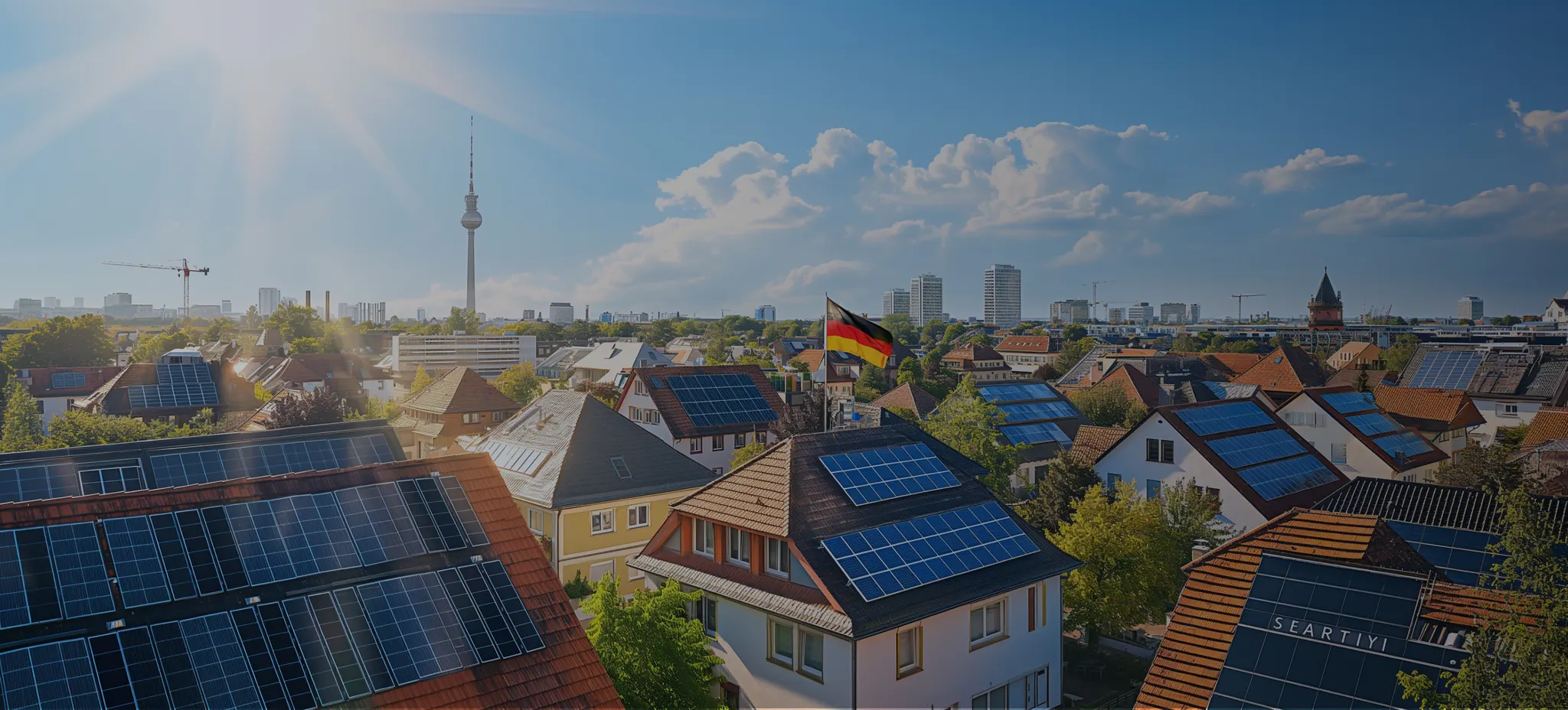 Dachansicht eines Wohngebiets mit Solarpanelen und der Berliner Fernsehturm im Hintergrund bei sonnigem Himmel.
