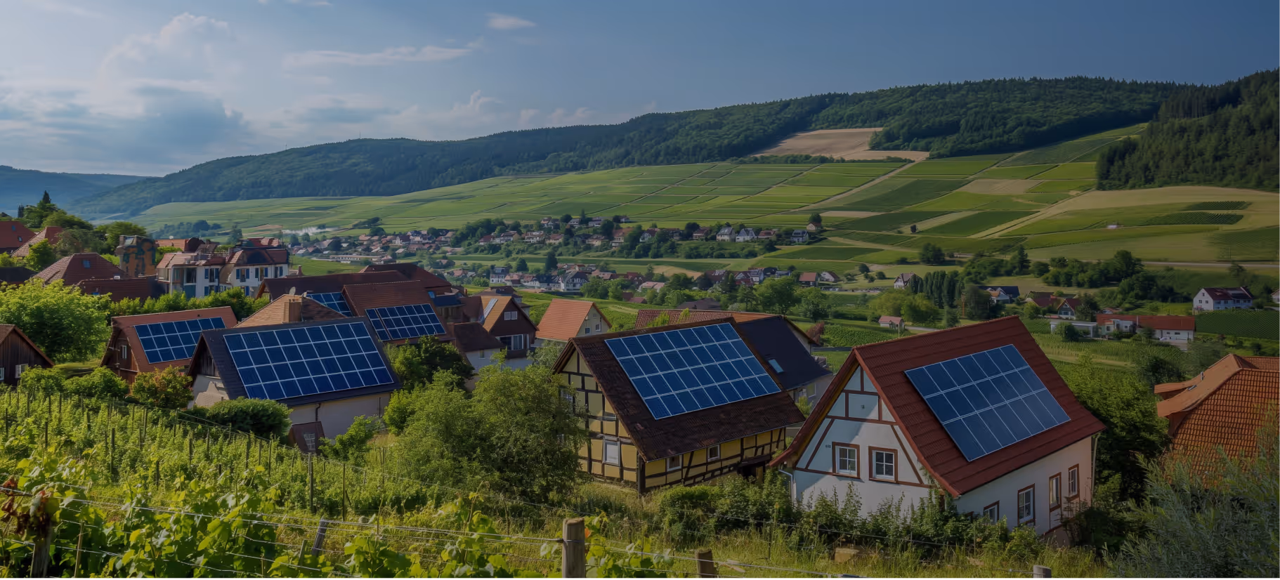 Ländliche Landschaft in Rheinland-Pfalz mit Häusern, die Solarpaneele auf den Dächern und Weinberge im Vordergrund zeigen.